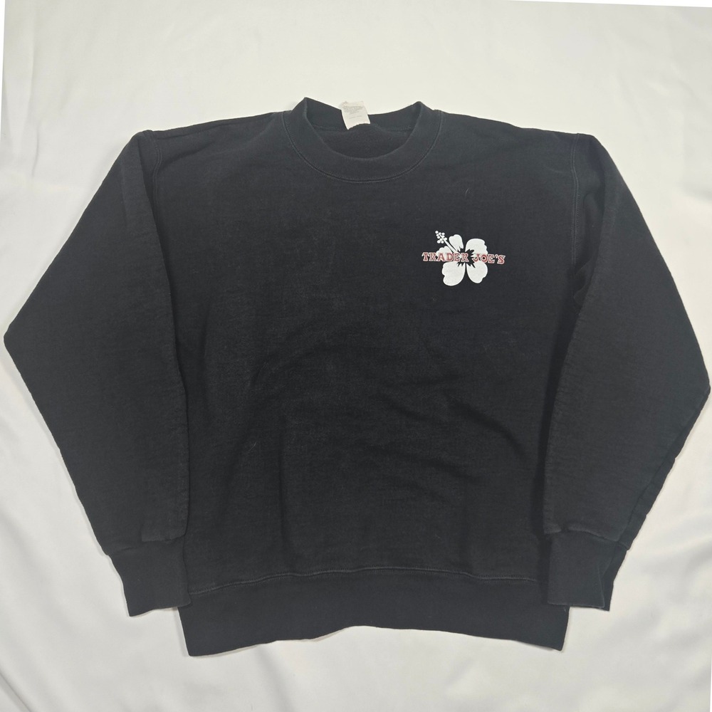 rader Joes Crewneck Sweatshirt Mens Small Black Hibiscus Flower Employee Swag